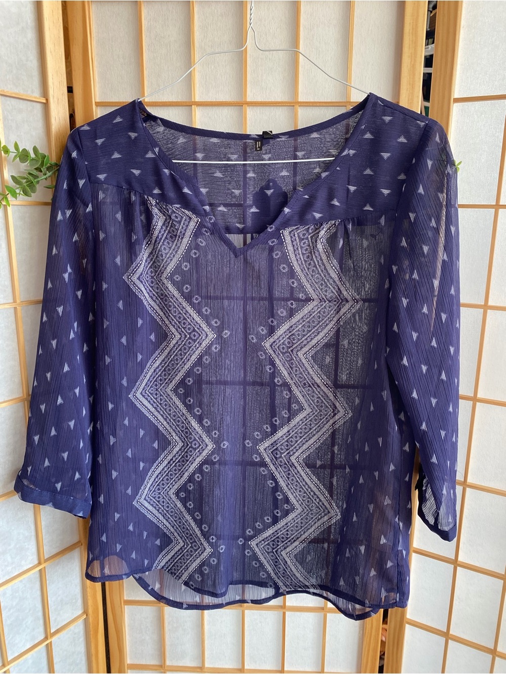 Maurices Navy Sheer Geo-Print Blouse